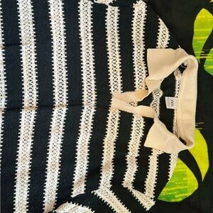 Zara Black and White Striped Crochet Textured Shirt